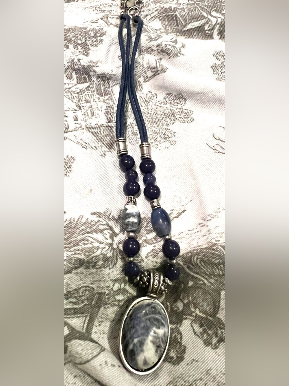 Chico's Blue Sodalite and Deep Navy Bead and Silver-Tone Pendant Necklace